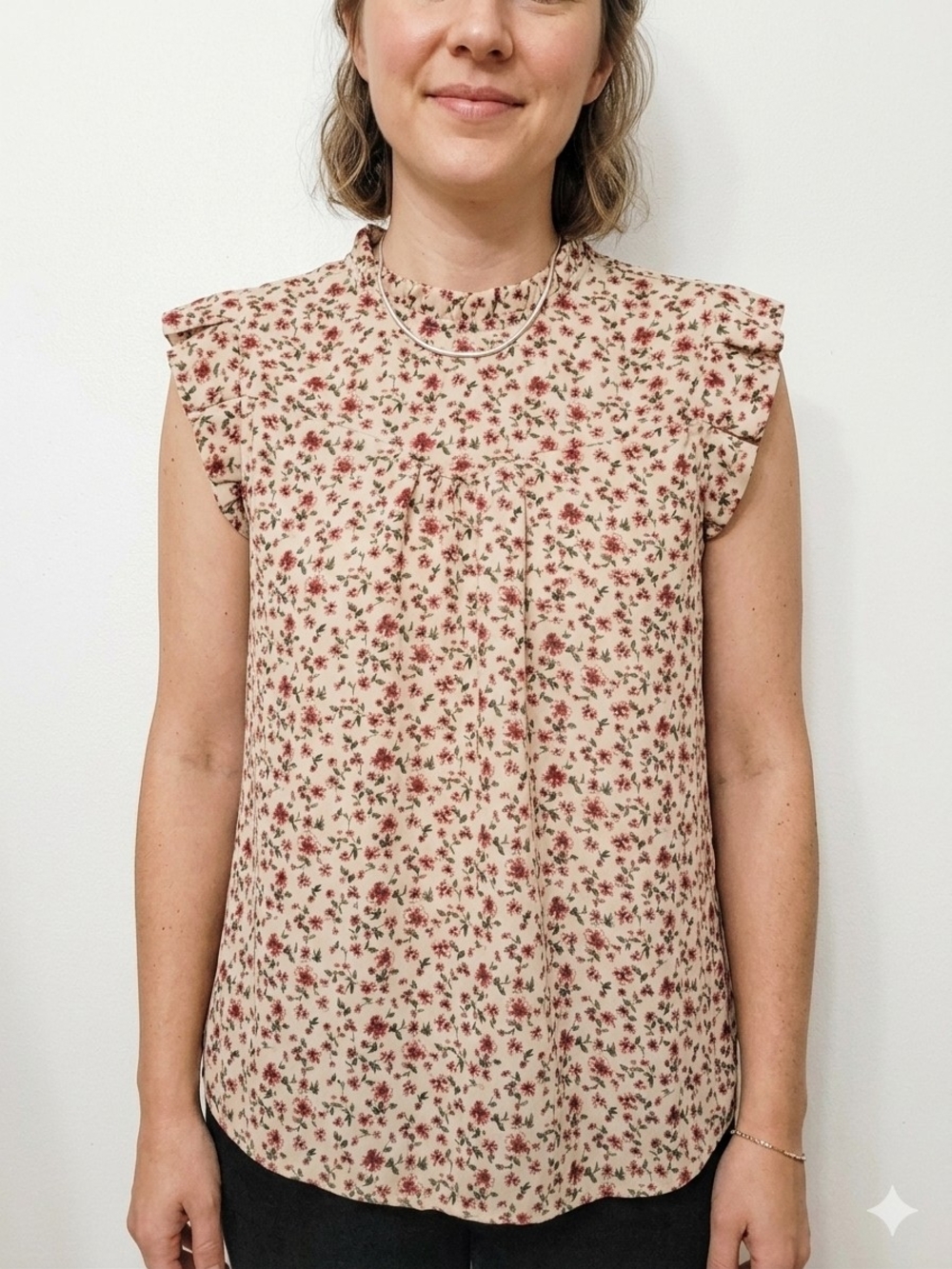 Monteau Blush Floral Ruffle Cap-Sleeve Top M
